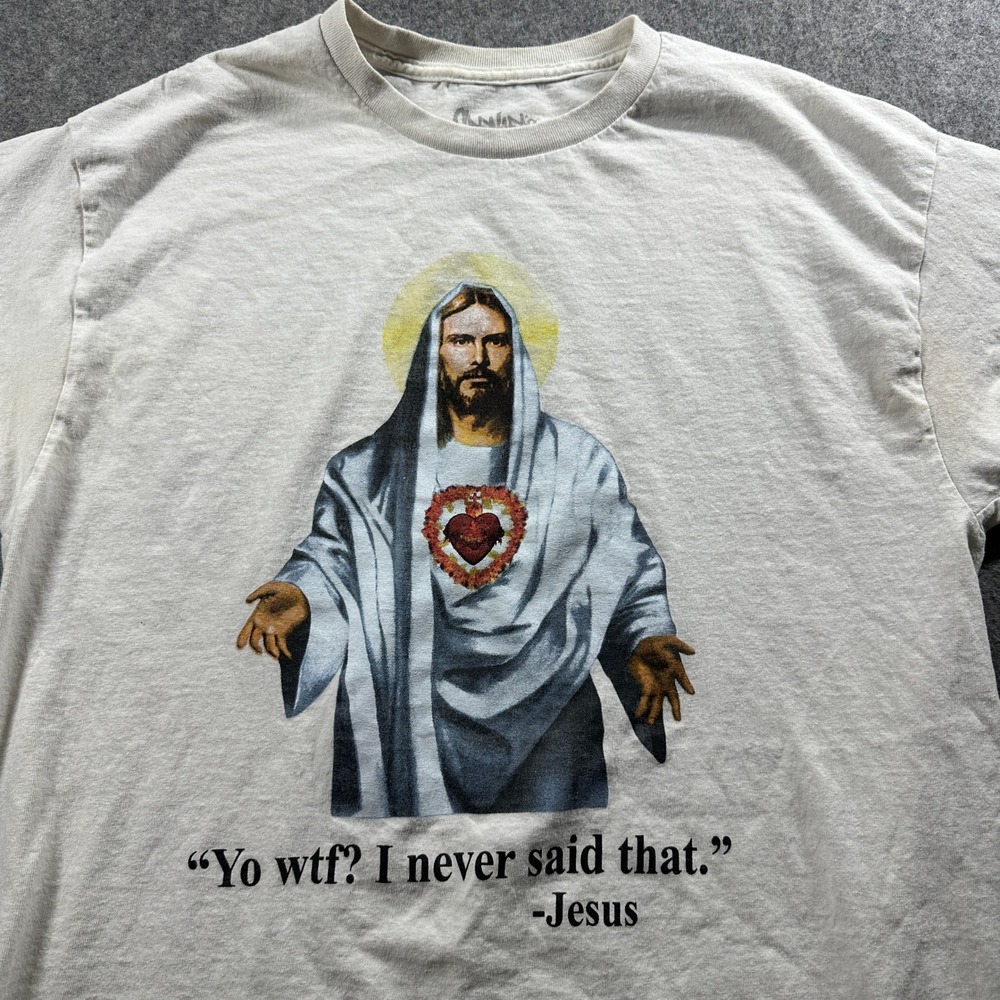 Spencer's Graphic T-Shirt Mens Large Off-White Jesus Yo WTF I Never Said That